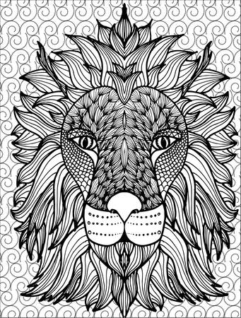 Hand drawn outline lion head illustration decorated with abstract doodle zen-tangle ornamentsのイラスト素材