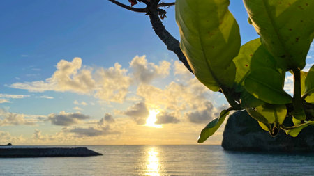 Sunrise Okinawa Sea Hamahiga Island, Uruma City, Okinawa Prefectureの写真素材