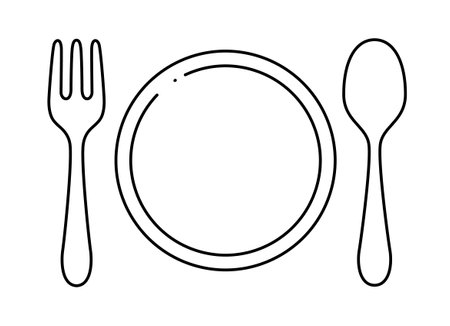 Plate, spoon and fork. Vector illustration in outline style.のイラスト素材