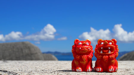 Okinawa's ocean and Shisa Okinawa Prefecture Motobu Town Gorilla Chop's Oceanの写真素材