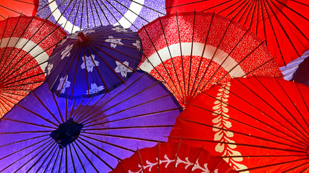 Japanese umbrellas lined up all over the screen Japanese style Traditional Background materialの写真素材