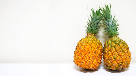 Two fresh pineapples lined up with copy spaceの写真素材