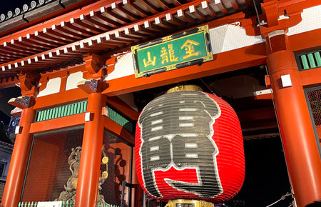 Asakusa Kaminarimon Gate at night, Sensoji Temple, Tokyo, Japanの写真素材