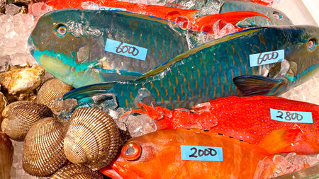 Fresh and colorful Okinawan fish lined up at the marketの写真素材