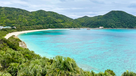 Spectacular emerald green ocean views on Tokashiki Island, Okinawaの写真素材