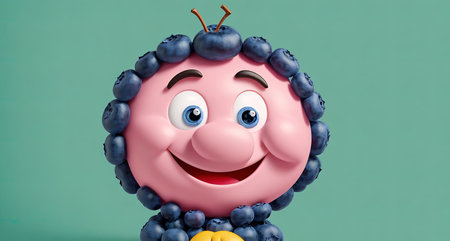 A cartoon character with a blue and white face, wearing a blue and white hat, and holding a blue and white balloon.の素材