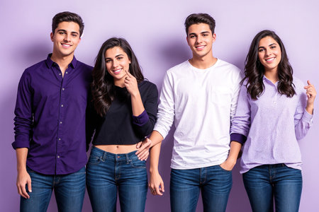 A group of young people standing together, smiling and looking at the camera.の素材