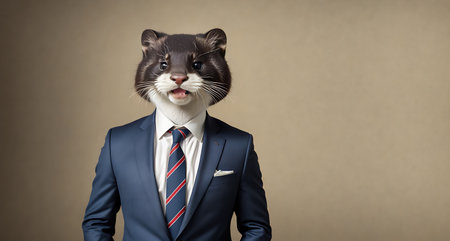 A cartoon cat wearing a suit and tie standing in front of a gray background.の素材