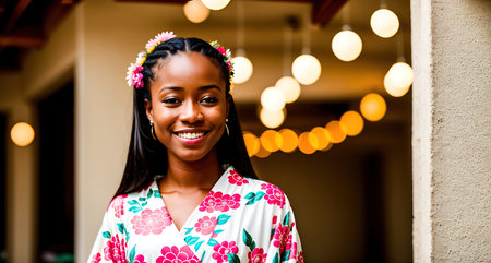 A young woman standing in front of a doorway, wearing a floral dress and smiling at the camera.の素材