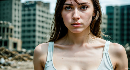 The girl in the image is wearing a white tank top and has long, curly brown hair.の素材