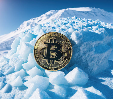 A pile of snow with a single bitcoin coin on top of it.の素材