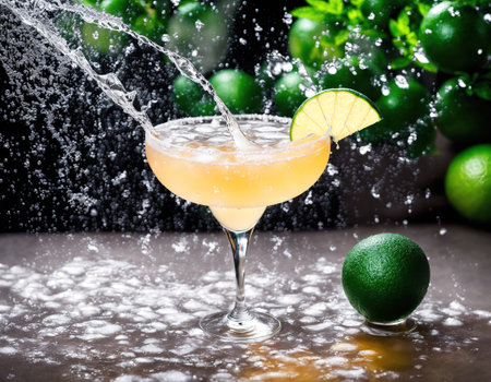 A glass of margarita with a lime wedge on the side and a splash of liquid on the table.の素材