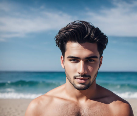 A young man standing on a beach with his arms crossed and looking out at the ocean.の素材