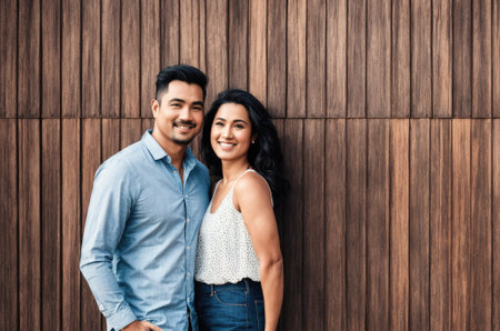 A young couple standing against a wooden wall, smiling at each other.の素材