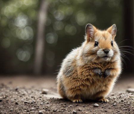A small, fluffy brown and white guinea pig standing on a dirt road.の素材