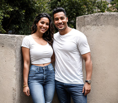 A young couple standing next to a brick wall.の素材