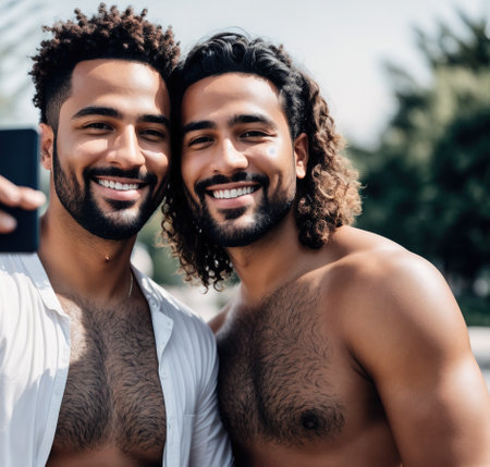 Two men smiling and taking a selfie together.の素材