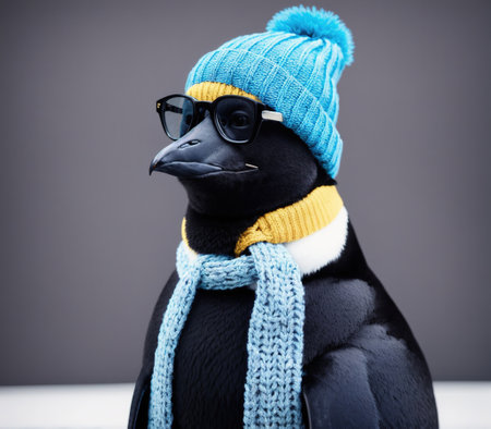 A penguin wearing a hat and scarf, standing in front of a white background.の素材