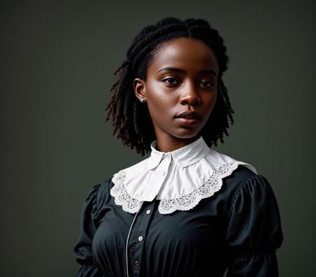 A woman wearing a black dress with white collar and cuffs, standing in front of a gray background.の素材