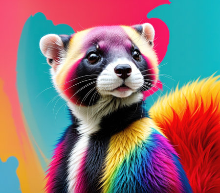 A colorful raccoon standing on its hind legs with its front paws together and its head tilted to the side.の素材