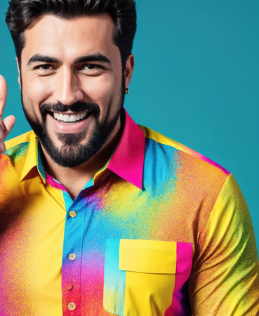 A man wearing a colorful shirt and smiling at the camera.の素材