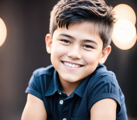 A young boy sitting on the ground with his arms crossed and smiling at the camera.の素材