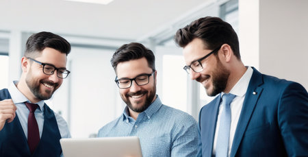 Three men in business attire standing in a room with a tablet in front of them.の素材
