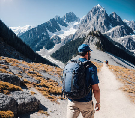 A man hiking on a mountain trail with a backpack on his back.の素材