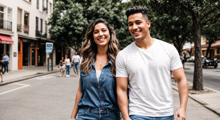 A young couple walking down a city street.の素材