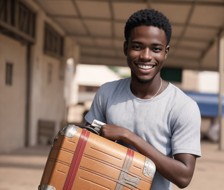 A young man holding a suitcase in front of a building.の素材