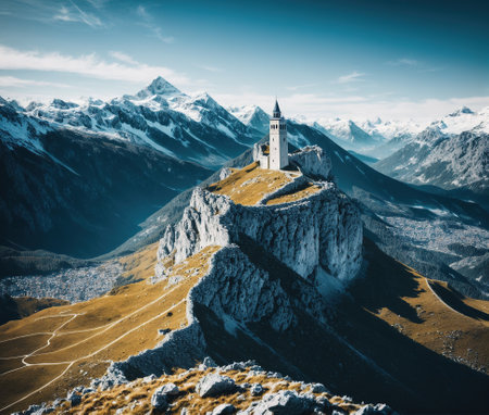 A mountainous landscape with a castle on top of a hill.の素材