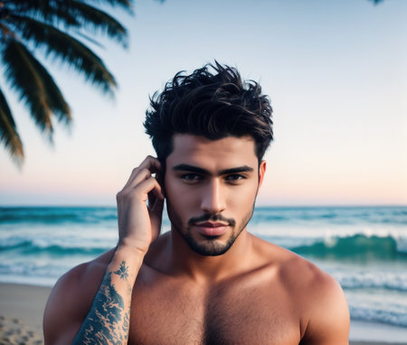 A man standing on the beach with his hands on his hips, looking out at the ocean.の素材