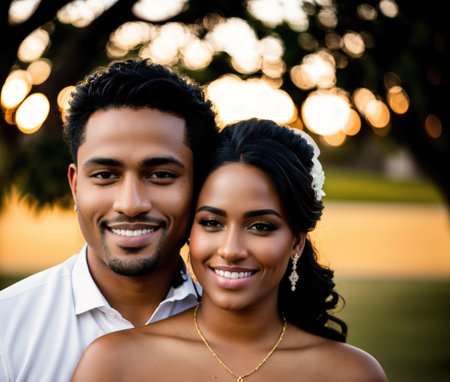 A bride and groom standing in front of a tree, smiling at each other.の素材