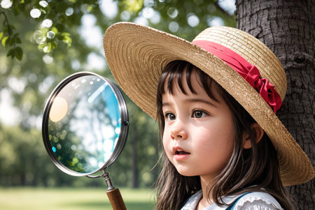 Girl with magnifying glass in parkの素材
