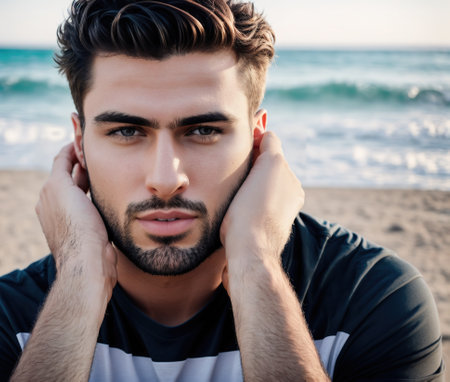 A man standing on the beach with his hands on his hips, looking out at the ocean.の素材