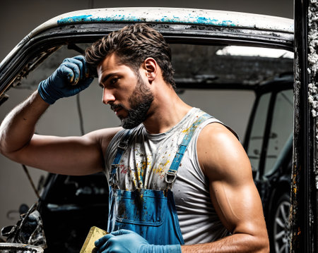 A man wearing a white apron and gloves working on an old car in a garage.の素材