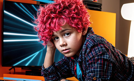 A young girl sitting on a couch, looking at a television with a puzzled expression on her face.の素材