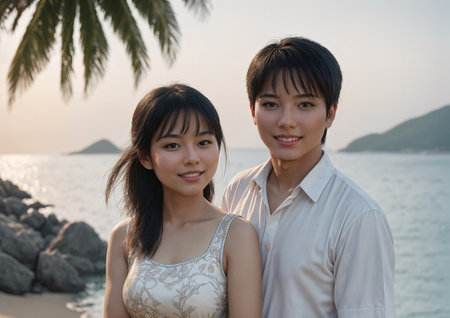 A young couple standing on the beach, with the man holding the womans hand.の素材