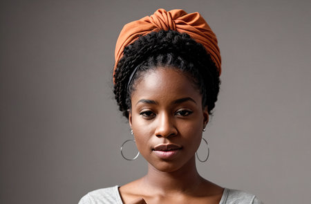 A young woman wearing a head wrap and standing in front of a white background.の素材