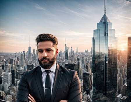 Businessman in suit and tie standing on rooftop overlooking city skyline.の素材