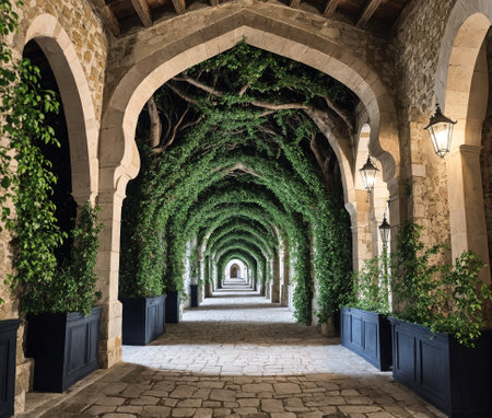 A long, winding walkway lined with arches made of stone.の素材