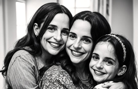 Three women hugging each other, smiling and looking at the camera.の素材