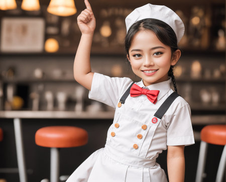 A young girl in a waitress uniform standing in front of a bar with a menu on the wall behind her.の素材