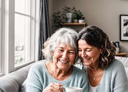 Two older women sitting on a couch, smiling and holding cups of coffee.の素材