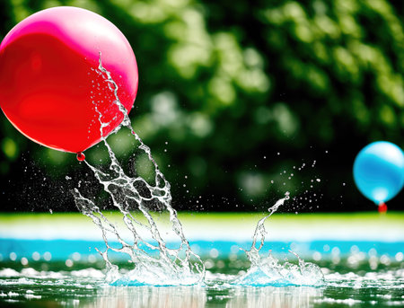 A red and blue balloon floating in the air, with water splashing up from the surface of the water.の素材