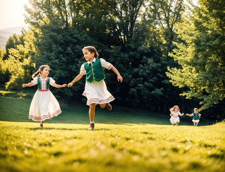 A group of children running through a field with their arms outstretched.の素材