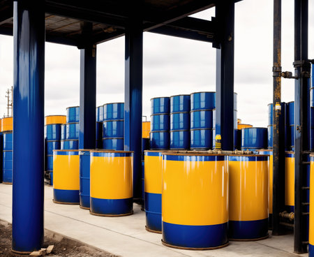 A large warehouse with rows of yellow barrels stacked on top of each other.の素材
