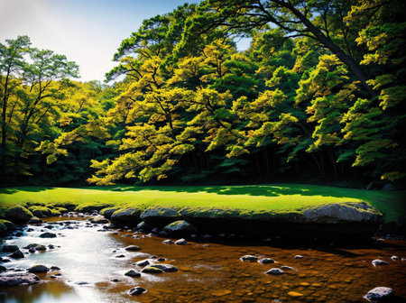 A river flowing through a lush green forest with trees on either side.の素材