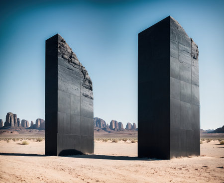Two large concrete pillars standing in the middle of a desert.の素材