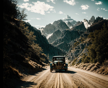 A truck driving down a dirt road with mountains in the background.の素材